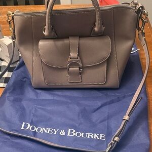 Dooney & Bourke Taupe Leather Satchel with Front Pocket & Buckle